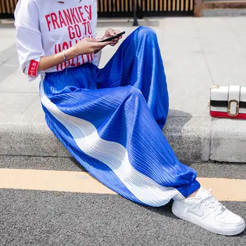 2021 Suvel Plisseeritud Kottis Lai Jalg Püksid Õhuke Streetwear Vabaaja Lahti Püksid Naiste Kõrge Vöökoht Korea Fashion Naiste