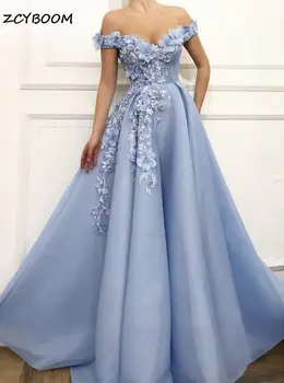 2022 Elegantne Naiste Sinine Maha Õla 3D Lilled Applique Kristallid-Line Tanssiaiset Kleit Tülli Õie Seksikas õhtukleit 1