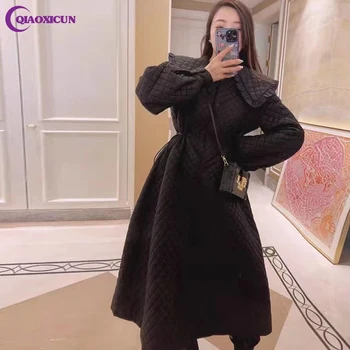 Korea Elegantne Moodne Naiste Pikk Puuvillane Polsterdatud Mantel 2022 Sügisel/Talvel Uut Lihtne Nukk Krae Paksenenud Soe Must Kampsun