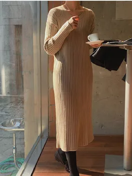Korea Elegantne Naine Kleidid Vestido Feminino Soe 2022 Sügisel Tahke Talve Riided Paks Vintage Kootud Kampsun Kleit Naistele