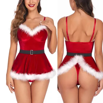 Pluss Suurus 3XL, Jõulud Öösel Kleit Santa Punane Samet Karvased Mini Kleit Thong Seksikas Naistepesu Nightdress Backless Nightie Kingitused