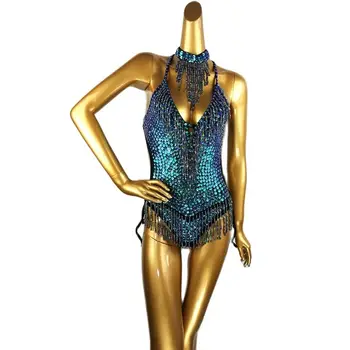 Seksikas Naiste profileerimine Bodysuit peep varba kingad Ujumistrikoo ladina Belly Dance Tantsija Kostüüm Ühes Tükis Riided Kostüüm Staadiumis täitmiseks Sinine