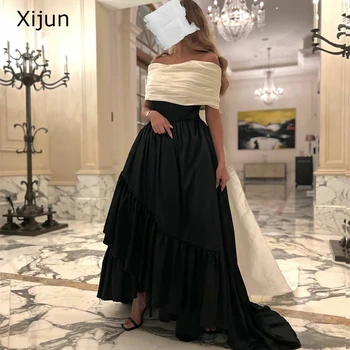 Xijun Luksus Must Valge Satiin Ametliku Pikk Õhtu Kleidid Eemaldatav Pühkima Rongi Pool Kleit Vestido Saudi Arabric Naistele